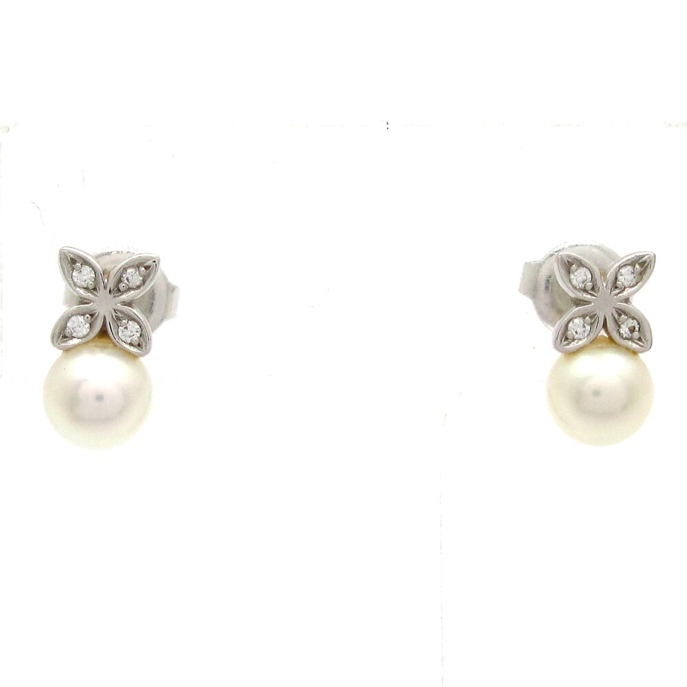 Mikimoto Earrings 18K White Gold Diamond Pearl